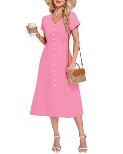 MOLERANI Women's 2026 Casual Summer Short Sleeve Midi Dresses V Neck A Line Maxi Dress Waffle Knit Flowy Pockets Spring Beach Cruise Resort Vacation Outfits Soft Comfy, Peach Rose, XL - Image 1