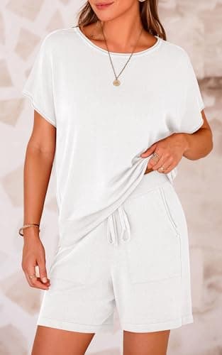 PRETTYGARDEN Two Piece Set For Women Summer Lounge Sets Shorts And Short Sleeve Tops Knitted Matching Travel Spring Outfits(White,M) - Thumbnail 4