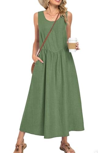 MOLERANI Women’s Summer Maxi Dress Sleeveless A-Line Flowy Sundress Elastic Waist Lightweight Breathable Casual Beach Vacation Outfit Round Neck Resort Wear Wear Flower Green M