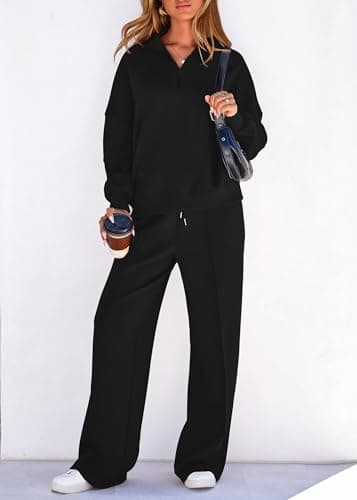 Lazysmile 2 Piece Sets For Women Lapel Half Zip Sweatshirt and Wide Leg Long Pants Sweatsuit Lounge Sets Workout Sets - Thumbnail 3