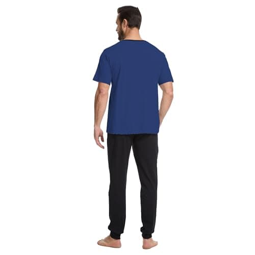 Navisting Men's 100% Cotton Short Sleeve Pajama Set with Henley Neckline Soft and Comfortable Nightwear 2-Piece Lounge Set S Dark Blue and Black - Thumbnail 2