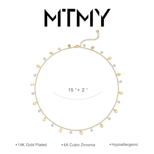 MTMY Gold Station Necklace for Women 14K Gold Plated Cubic Zirconia Cute Cross Heart Shell Teardrop Charm Station Choker Necklace Dainty CZ Chain Necklaces for Women Trendy Jewelry Gifts(Heart) - Thumbnail 5