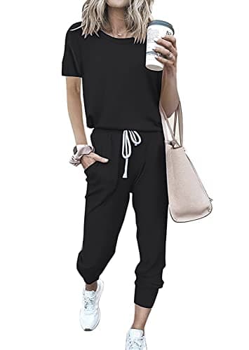 PRETTYGARDEN 2 Piece Outfits for Women 2026 Summer Casual Lounge Jogger Sets Short Sleeve Top and Long Pants with Pockets (Black, Medium) - Image 1