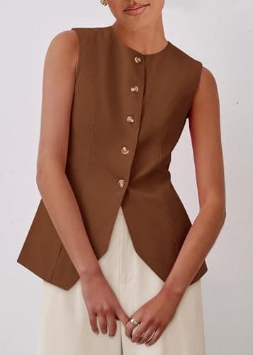 KIRUNDO Vest Tops for Women Trendy Dressy Business Casual Outfits 2026 Summer Sleeveless Fitted Blazer Work Suit Waistcoat(Brown, X-Large) - Thumbnail 3