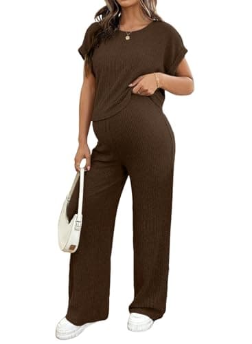 BLENCOT Maternity Clothes 2 Piece Matching Outfits Set Causal Ribbed Knit Short Sleeve Pajamas Sets Sleepwear Coffee S - Image 1