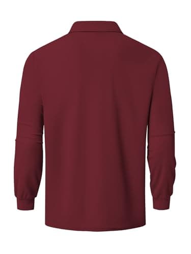 Promen polo Men's Classic Long Sleeve Polo Shirts Casual Lightweight Solid Golf Shirts with Pocket Wine Red L - Thumbnail 2