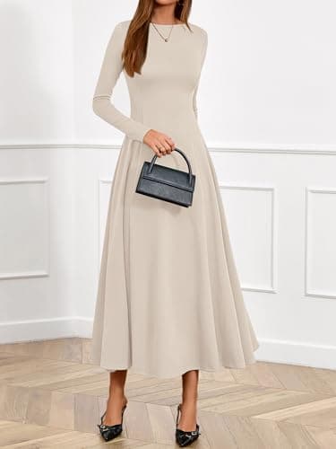 BTFBM Spring Dresses for Women 2026 Trendy Boat Neck Long Sleeve A Line Flowy Knit Loose Casual Elegant Party Maxi Dress(Beige, Large) - Thumbnail 2