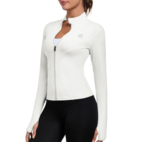 AURVAE Women's Workout Jacket, Womens Cropped Lightweight Running Jackets, Zip Slim Fit Athletic Tops for Gym, Yoga, Jogging (Large, White) - Image 1