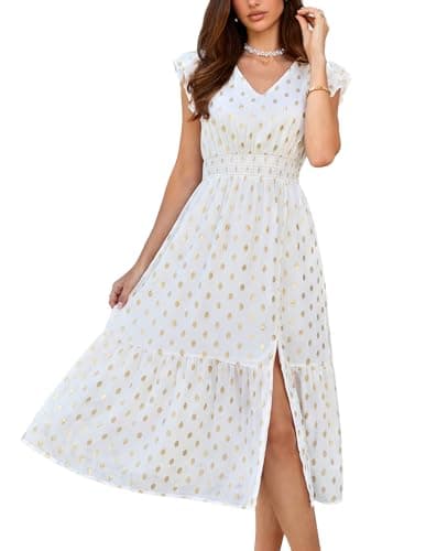 GRACE KARIN 2026 Womens Summer Dresses V Neck Ruffle Sleeve Floral Boho Beach A-Line Dress White-Polka Dot Small - Image 1