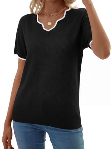 GKBK Women Short Sleeve V Neck Sweater Lightweight Pullover Top Fashion Clothing for Business Casual Work Outfits Spring Summer 2026 Black XX-Large - Thumbnail 2