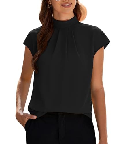 Funlingo Blouses for Women Dressy Casual Short Sleeve Tunic Black Top Mock Neck Summer Trendy Business Front Pleating Work Chiffon Shirts Plus Size 3XL - Image 1