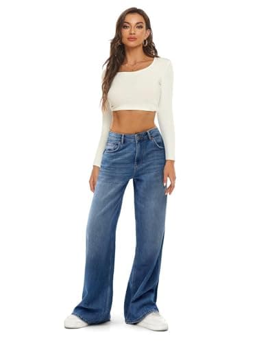 HDLTE Women Wide Leg Jeans High Waist Baggy Jean Loose Boyfriend Jeans Denim Pants Y6K?Light Blue,Large - Thumbnail 4