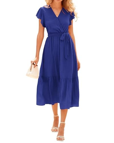 BTFBM Women Summer Bohemian Floral Casual Wrap V Neck Ruffle Cap Sleeveless Belt A-Line Pleated Hem Midi Sun Dress(Solid Royal Blue,XX-Large)