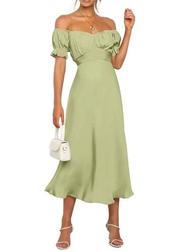 KIRUNDO Women's 2026 Spring Summer Satin Wedding Guest Midi Dress Off The Shoulder Wrap Party Cocktail Formal Prom Dresses(Tender Green, Large) - Image 1