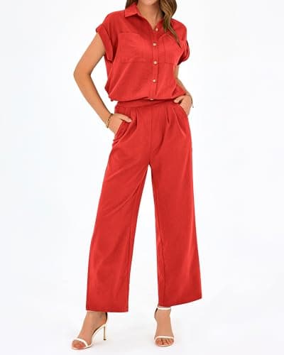 PRETTYGARDEN Womens 2 Piece sets Summer Cap Sleeve Tops Palazzo Pants Dressy Casual Vacation Travel Outfits Tracksuits(Red,Medium) - Thumbnail 4