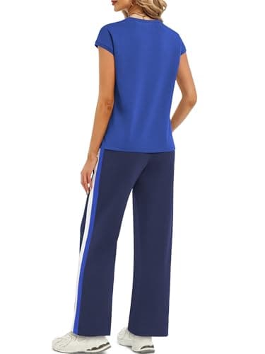 Casly Lamiit Two Piece Sets for Women Short Sleeve Lounge Sets Crew Neck Vacation Outfits Matching Sets Clothing Royal Blue XL - Thumbnail 3
