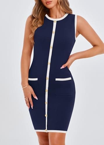 KIRUNDO Women Work Business Casual Dress 2026 Summer Fall Cocktail Semi Formal Office Elegant Classy Knit Color Block Dresses(Navy Blue, Medium) - Thumbnail 4