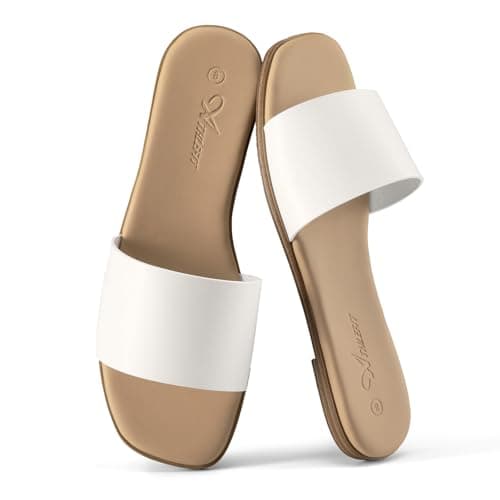 Athlefit White Flat Sandals for Women Square Toe Comfortable Slip On Summer Dressy Casual Slide Sandals Size 8 - Thumbnail 6