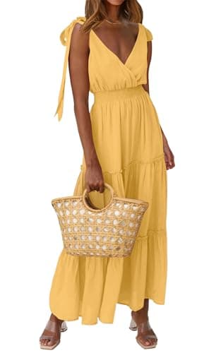 PRETTYGARDEN Women's Cross Neck Summer Sleeveless Tiered Maxi Dress Beach Tie Strap Smocked Long Dresses 2026 Pleated Sundress (Turmeric,Medium) - Image 1