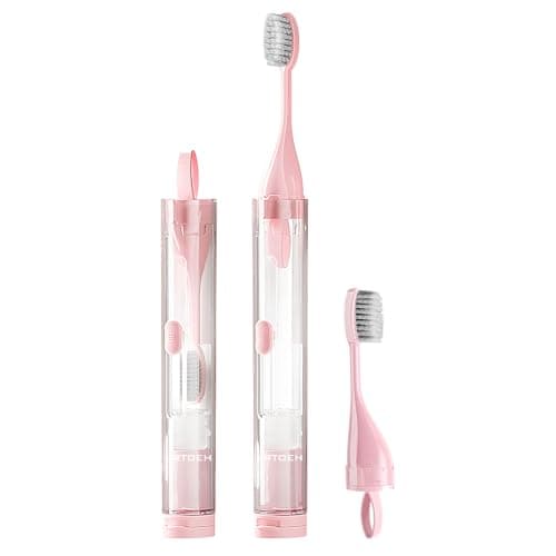 LRTOEH Travel Toothbrush with Built-in Toothpaste Container, Foldable Toothbrush with 2 Soft Brush Head, Portable Reusable Toothbrushes for Business Trips, Camping, Travel Size (Pink)