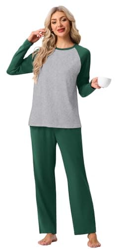 PrinStory Women's Pajamas Set Sleepwear Pjs loose-fit Long Sleeve Crewneck Shirts and Pant Soft Comfy Sleep Sets Dark Green S - Thumbnail 5