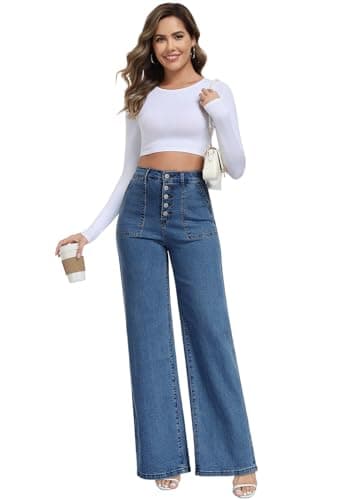 MARIASHA Women's Straight Leg Jeans High Waisted Button Fly Stretch Denim Pants for Women Deep Blue XL - Thumbnail 3