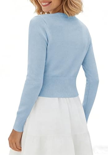 Cropped Knit Cardigan for Women V Neck Lightweight Button Down Sweater for Casual Work & Weekend Looks Light Blue M - Thumbnail 5