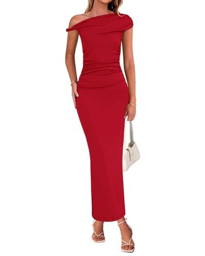 BTFBM Women Formal Cocktail Dresses Summer 2026 One Shoulder Twist Strap Ruched Bodycon Elegant Wedding Party Maxi Dress(Red, Medium) - Image 1