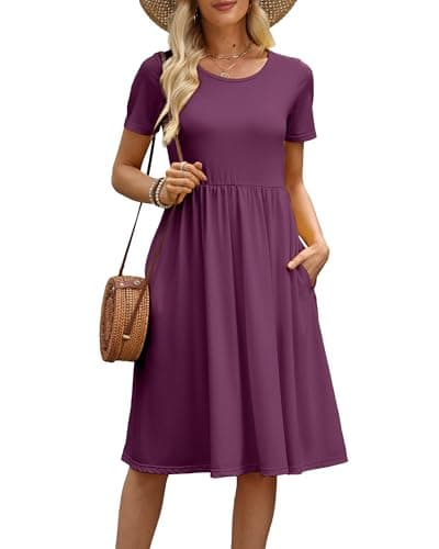 COSSEN Women's 2026 Summer Midi Dress Violet Purple X-Large Crew Neck Short Sleeve Casual Tshirt Sundress with Pockets Flowy Loose - Image 1