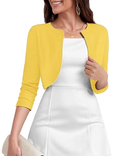 Heymoments Women's Thin Shrugs for Dresses Yellow Medium Open Front 3/4 Sleeve Knit Lightweight Crop Cardigan Dressy Cropped Tops Coat Sweater Clothes - Image 1