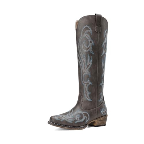 DREAM PAIRS Womens Cowboy Boots Comfortable Cowgirl Knee High Boots Pull On Side Zipper Chunky Heel Embroidered Western Boots,Size 6,Dark Brown,DWUMKB2502 - Image 1
