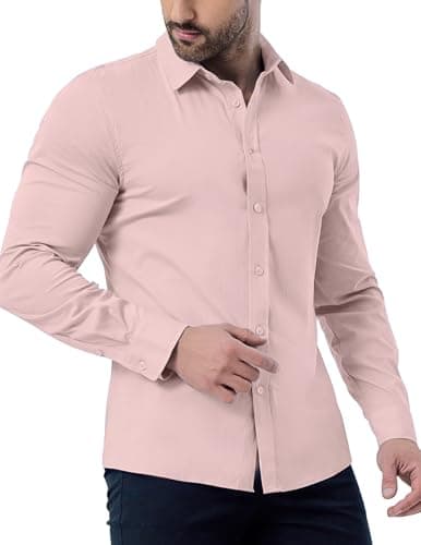 ZAFUL Mens Dress Shirts Slim Fit Button Down Long Sleeve Stretch Collared Shirt Cotton Wrinkle Free Button Up Mens Tops Pink 3X-Large - Image 1