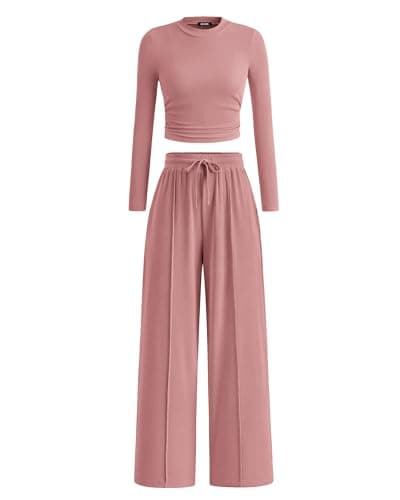 BTFBM Casual 2 Piece Sets For Women Fall Outfits 2026 Ribbed Spring Long Sleeve Crop Top Wide Leg Pants Matching Lounge Set(Pink, Large) - Image 1