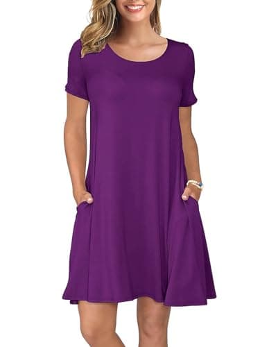 KORSIS Summer Dress for Women Casual T-Shirt Short Sleeve Dresses Swing Flowy Ladies Sundress with Pockets Purple 3XL - Image 1