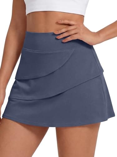 Caracilia Tennis Skirts for Women | High Waisted Athletic Casual Skort, Layered Golf Workout Skirt with Shorts Grey Blue Large - Image 1