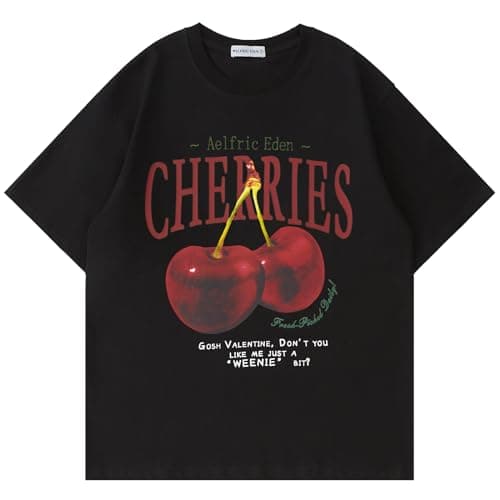 Aelfric Eden Oversized Graphic Tees Unisex Cherries Print T Shirts Casual Summer Short Sleeve Top Cotton Cute Tee Shirt Black