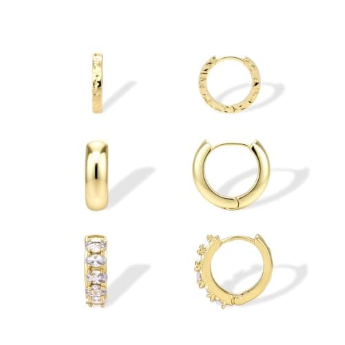 3 Pairs Small Huggie Hoop Earrings Set for Women, Hypoallergenic 14K Gold Plated Hoops Stacks for Multiple Piercings, Dainty Cute Mini Lightweight Cartilage Studs Trendy Jewelry Gift (Set-1)