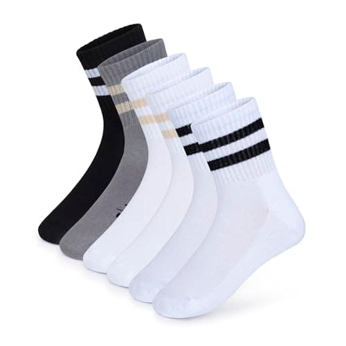 Forever Bambe Retro Mini Crew Socks for Women - 6 Pack White with Beige Stripes Womens Crew Socks - Image 1