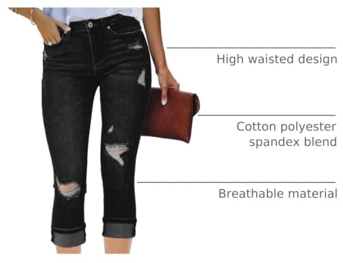 luvamia Women's Casual High Waist Ripped Capri Jeans Black Crop Jeans for Women Jeans Women Trendy Distressed Jeans Women Size 3X-Large Fits Size 24 / Size 26 - Thumbnail 4