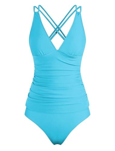 ZAFUL Two Piece Swimsuit for Women Modest Swimsuits for Women Solid Two Piece Bathing Suits Tummy Control Ruched Tankini 50s Retro Tankinis (Sky Blue XXL) - Thumbnail 3