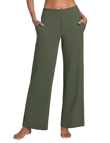 BUBBLELIME 29"/31"/33"/35"/37" Women's High Waist Wide Leg Yoga Pants with Pockets - Dress Wide Leg_Green XL_29" Inseam - Image 1