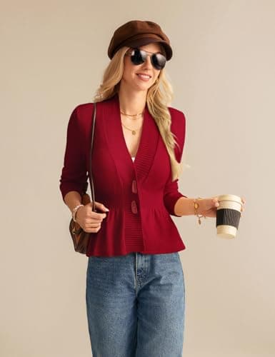 GRACE KARIN Women Cardigan Sweaters 2025 Fall,Long Sleeve Cropped Sweater Coat Trendy,Button Front Peplum Tops Lightweight Red - Thumbnail 2
