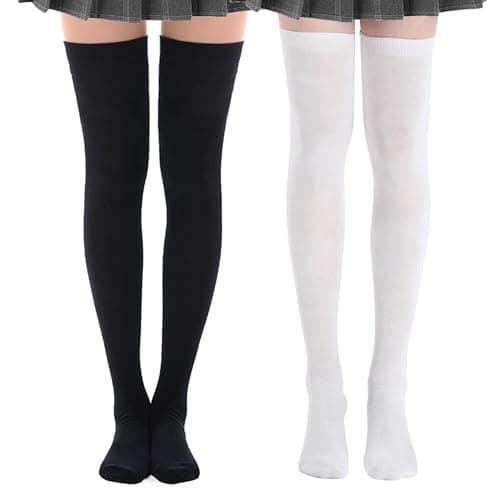 MK MEIKAN 2 Pairs Thigh High Socks, Practical Gifts for Mom, Over Knee High Socks for Women, Breathable Cotton Long Stockings for Summer AC Room & Daily Outfit (1 Pair Black and 1 Pair White) - Image 1