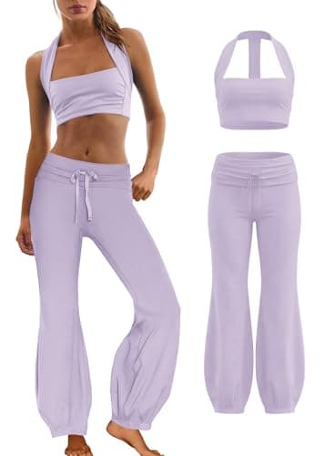 Panadila Women 2 Piece Yoga Sets Pilates Outfit Halter Sports Bra Fold Over Flare Leggings Matching Workout Set (Purple,L) - Image 1
