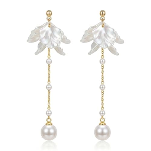 KRUCKEL Flower Dangle Earrings for Women,White Petals Long Drop Pearl Dangling Earring,Great Gift for Wedding, Birthday, Graduation and Anniversary (Dangle) - Image 1