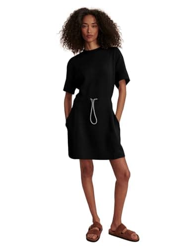 COCOMARTS Dresses for Women Summer Short Sleeve Crew Neck Sweatshirt Dress Drawstring Waist Tunic Tops Mini Vacation Sundress Black Medium - Thumbnail 2