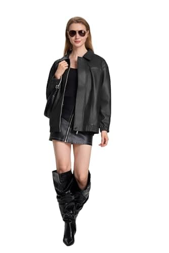 Moreone Faux Leather Jacket Women Oversize Leather Bomber Jacket Zip Up Going Out Jackets for Women 2026 Fall Fashion Moto Jacket Black S - Thumbnail 3