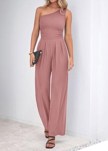 KIRUNDO One Shoulder Jumpsuits For Women Dressy Summer Formal One Piece Ribbed Wide Leg Romper Pockets Cocktail Party Outfits(Pink, Large) - Thumbnail 4