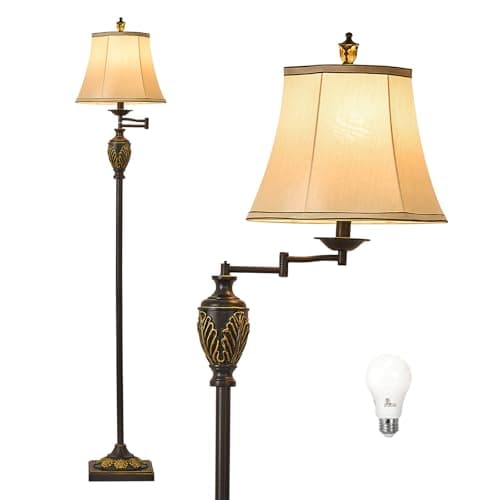 Traditional LED Floor Lamp with 350° Adjustable Swing Arm Lamp – Vintage Standing Pole lamp for Living Room, Bedroom and Office – Rustic Upright Floor Light for Home Décor with Silk Fabric Shade