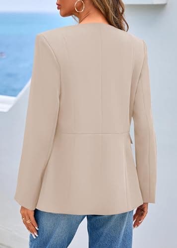Lazysmile Blazers for Women Long Sleeve Crewneck Button Down Suit Jackets Work Office Business Casual Outfits with Pockets Khaki - Thumbnail 2